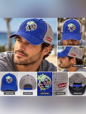 Fahrenheit Florida USA Vacationland Blue Embroidered Mesh Trucker Snapback Hat